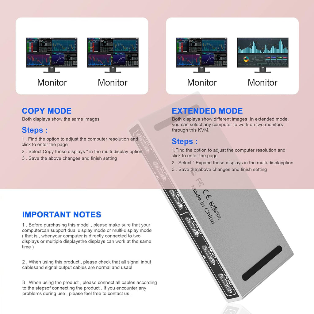 KVM Switch Dual Monitor DisplayPort 4K 60Hz Extended Display, USB Hub & Audio Output a7