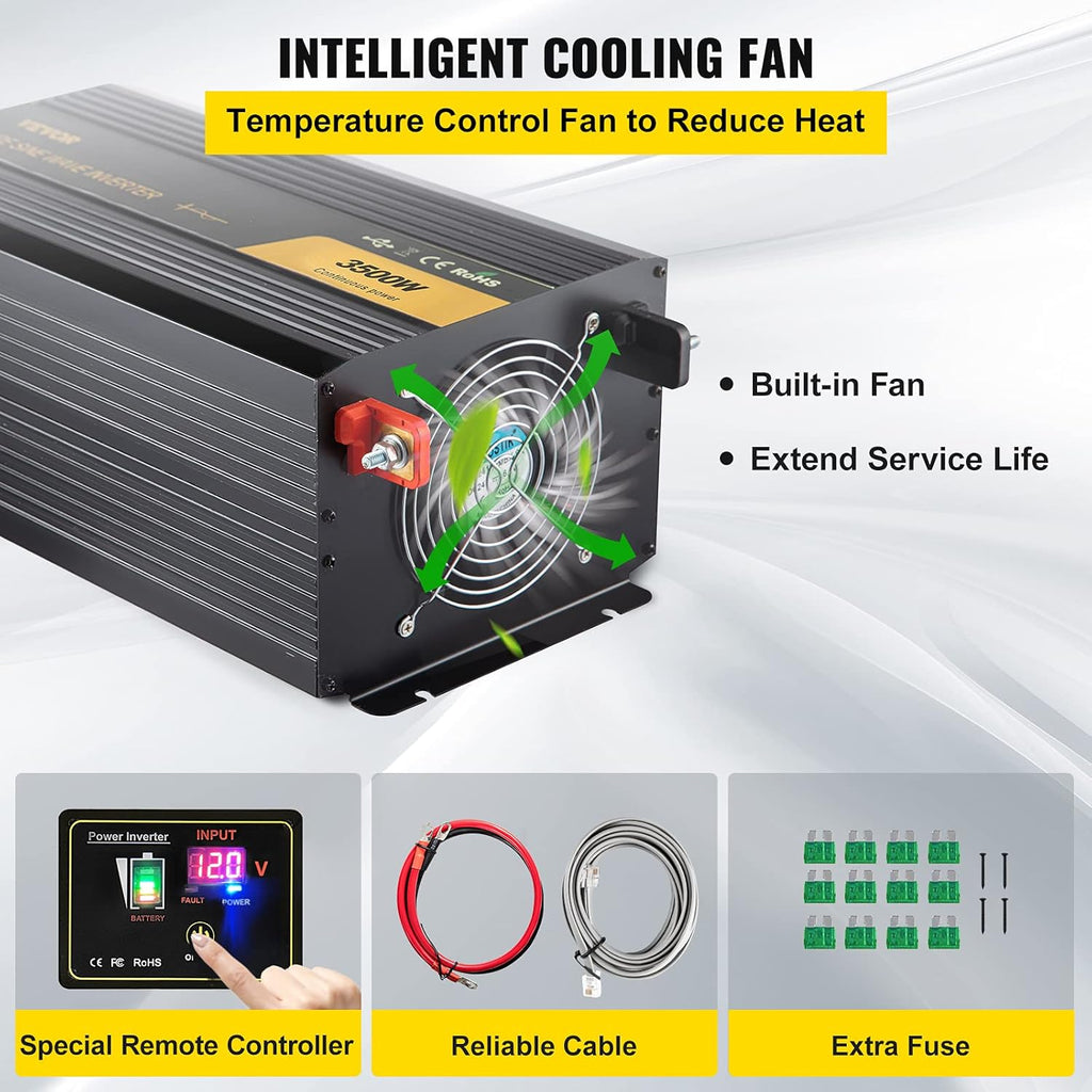 Pure Sine Wave Inverter 3500W DC 12V to AC 120V with Remote Controller A7