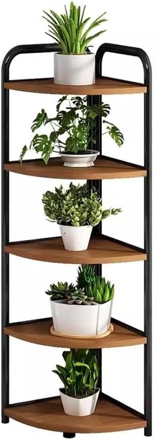 5 Tier Wood Plant Stand, Indoor Corner Metal Flower Rack, Multiple Flower Pot Holder Organizer for Home Garden Patio Bathroom Office Living Room Balcony
