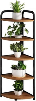 5 Tier Wood Plant Stand, Indoor Corner Metal Flower Rack, Multiple Flower Pot Holder Organizer for Home Garden Patio Bathroom Office Living Room Balcony