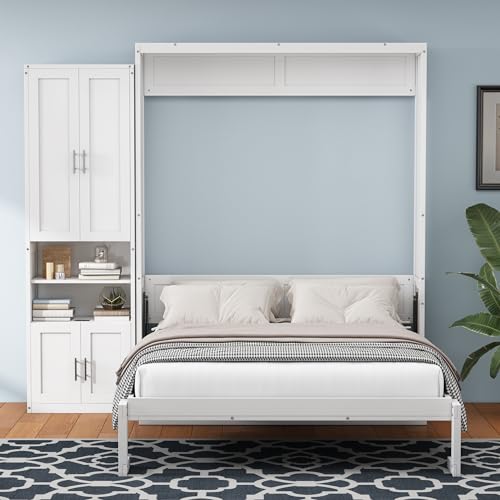 Modern Murphy Bed with 2 Side Cabinet Storage Shelf, Dual Piston System, Sturdy Metal Frame Wall Bed for Guest Room, Home Office (Brown+Bookshelf2, Queen)