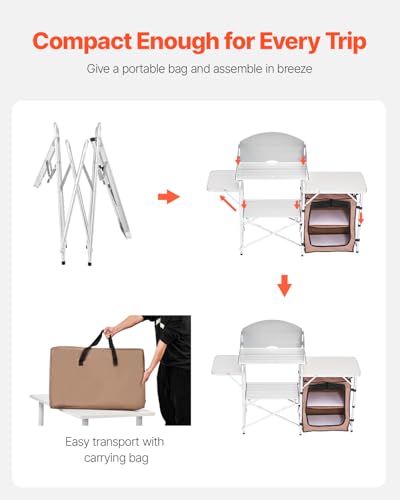 Camping Kitchen Table, Folding Outdoor Cooking Table with Storage Bag, Aluminum Cook Station, Quick Set-up for Picnics, BBQ, RV Traveling Brown k7