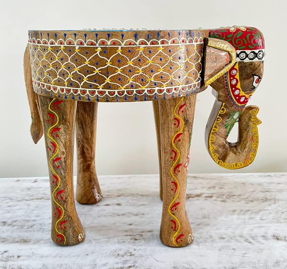 Wooden Elephant Stool Hand Painted Side Table Multicolor k7