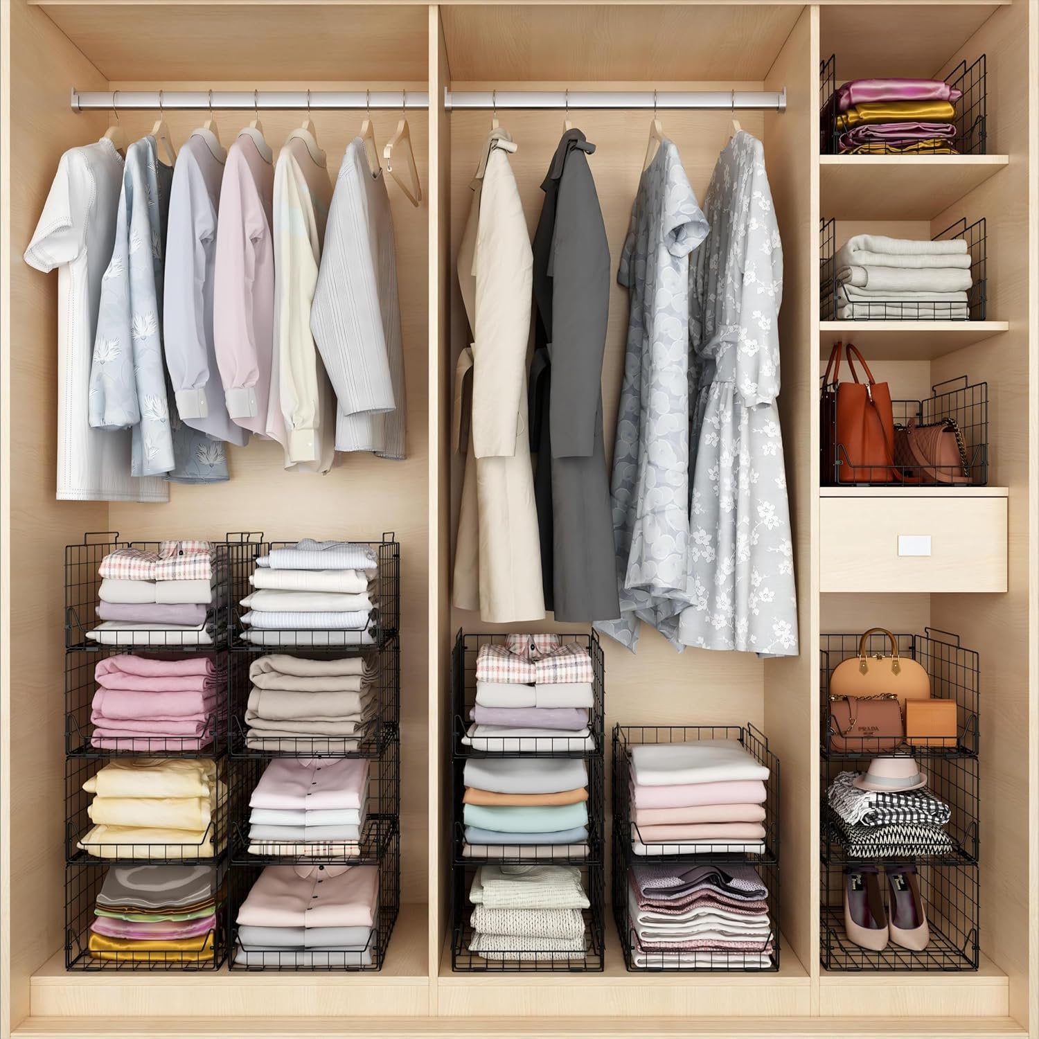 Stackable Closet Organizers 4 Pack, Metal Storage Bins, Black A7
