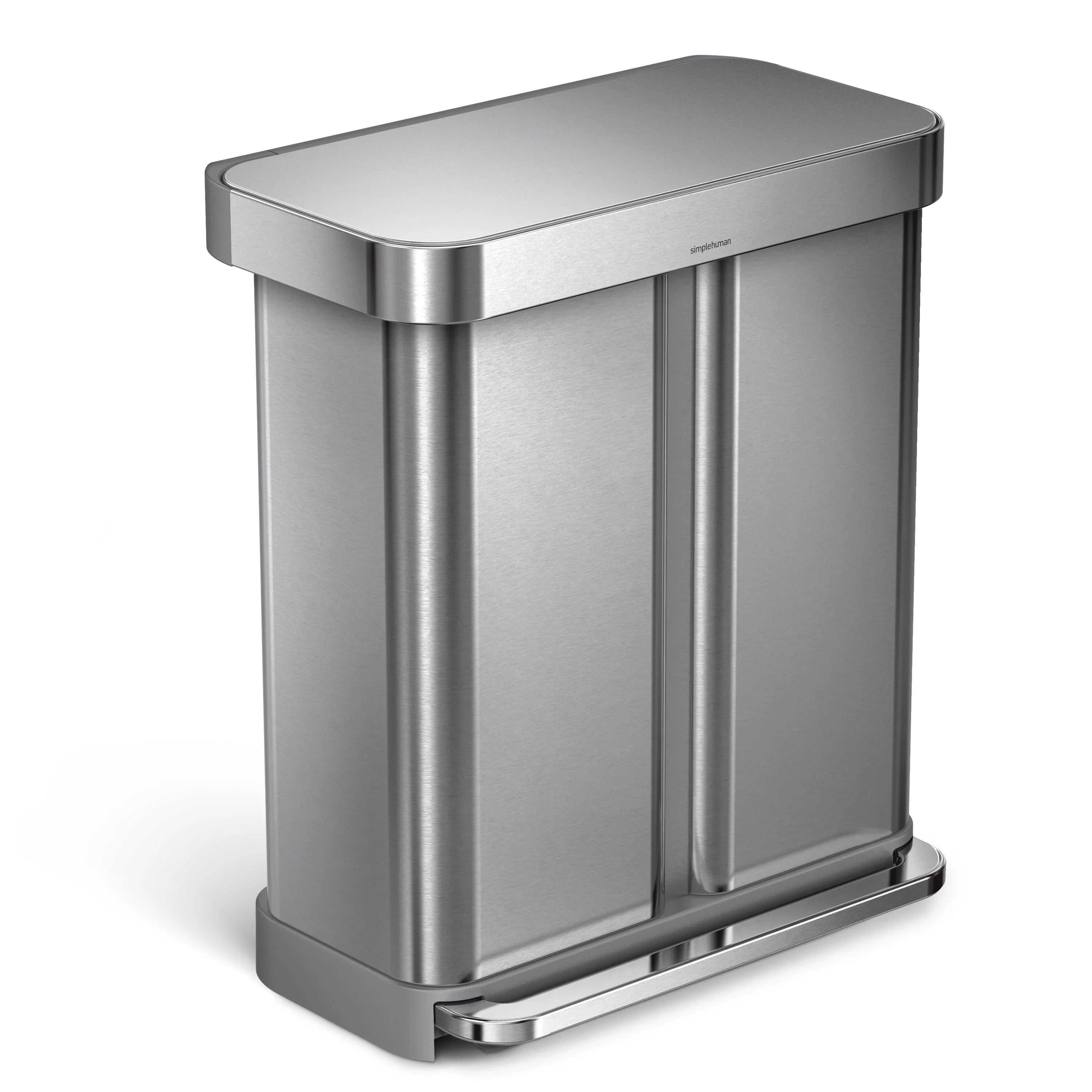 simplehuman 58 Liter / 15.3 gal Stainless Steel Dual Compartment Recycler Kitchen Step Trash Can, Brushed Stainless Steel - Radiant Selections
