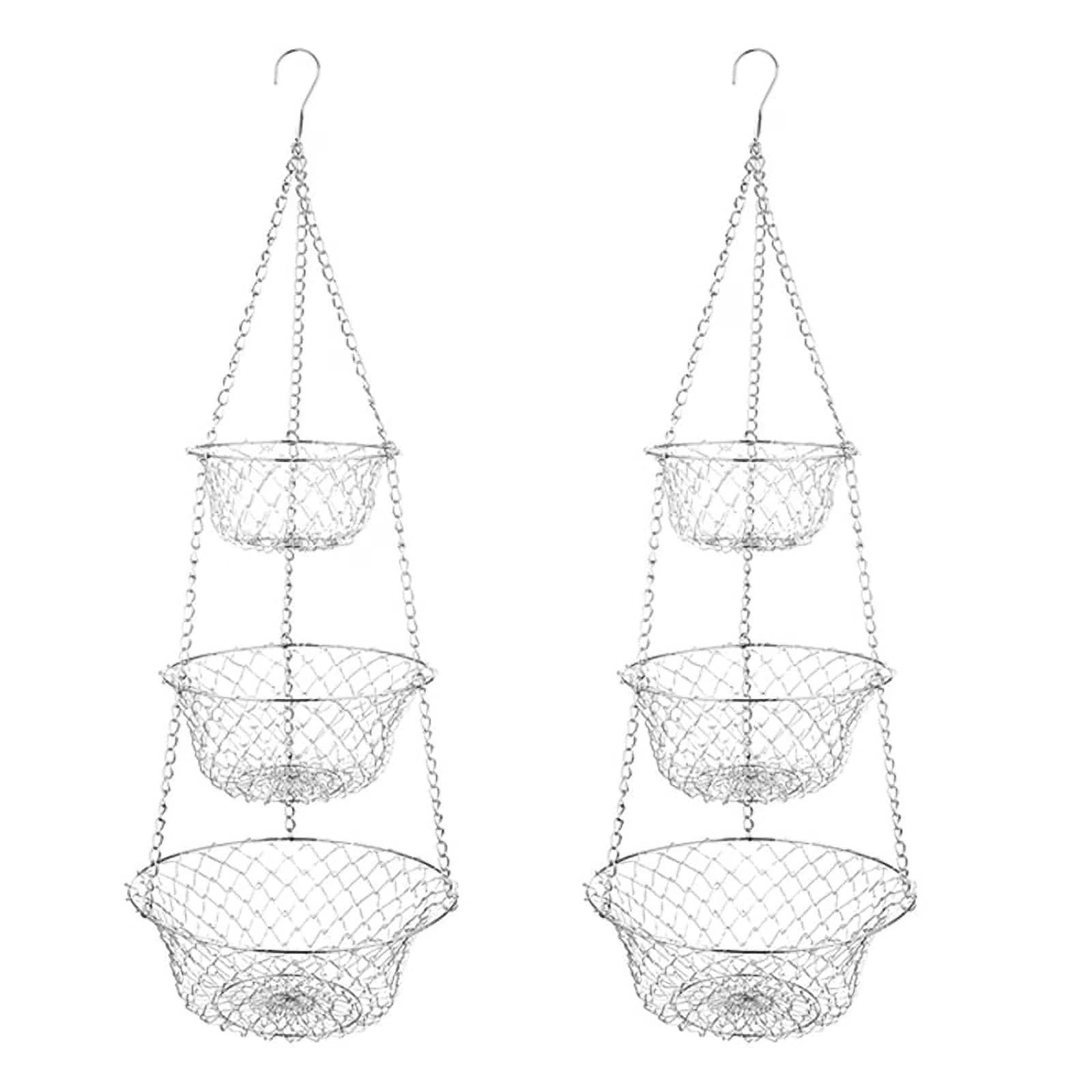 2X 3 Tier Fruit Basket, Vegetable Basket Chain Hanging Space Saving Fruits, Plants Storage Basket