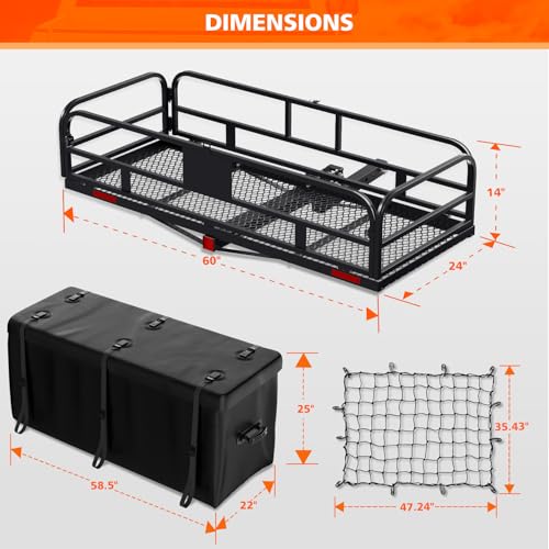 Hitch Mount Cargo Carrier Basket Folding 500 LBS 60x24x14 Fits 2 Receiver K7