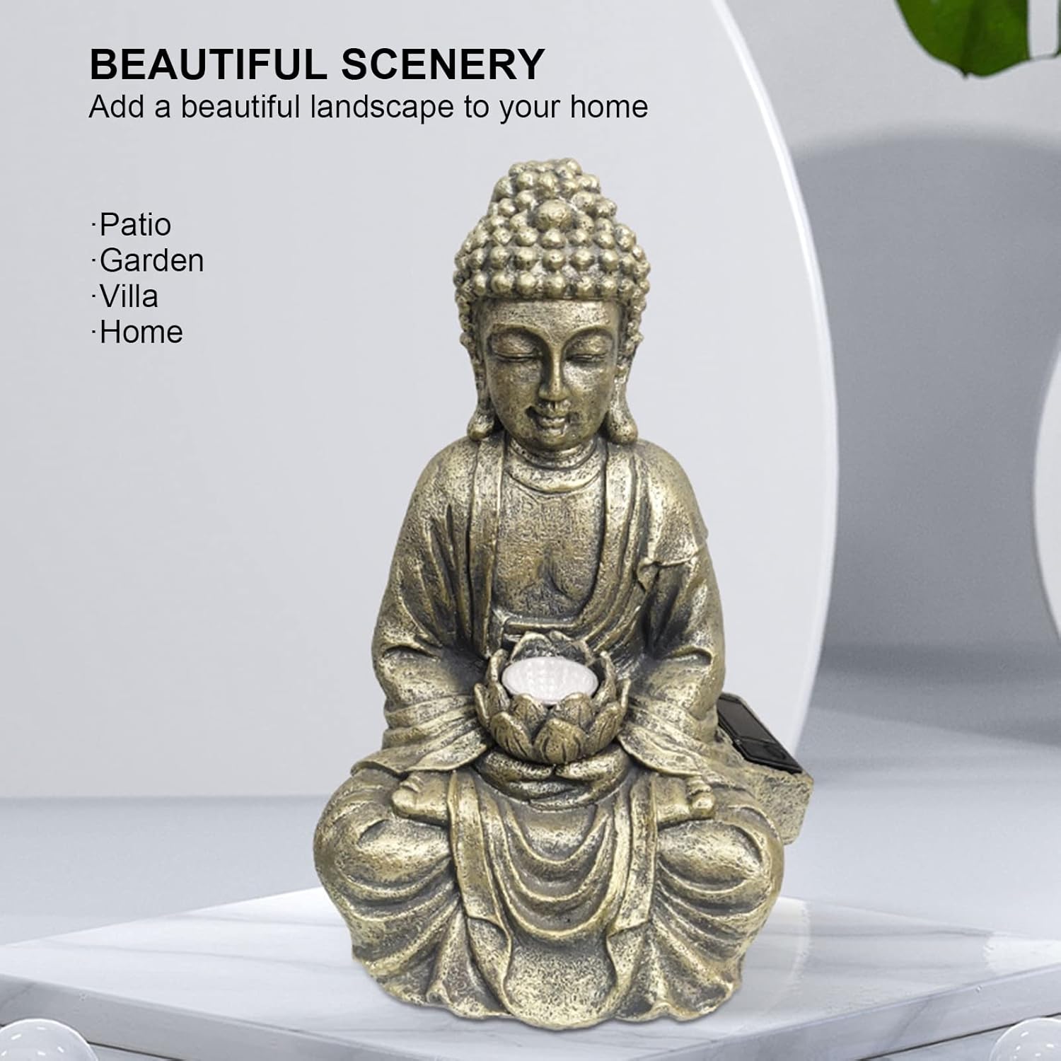 Solar Powered Buddha Garden Statue Zen Sculpture Outdoor Decor K7m