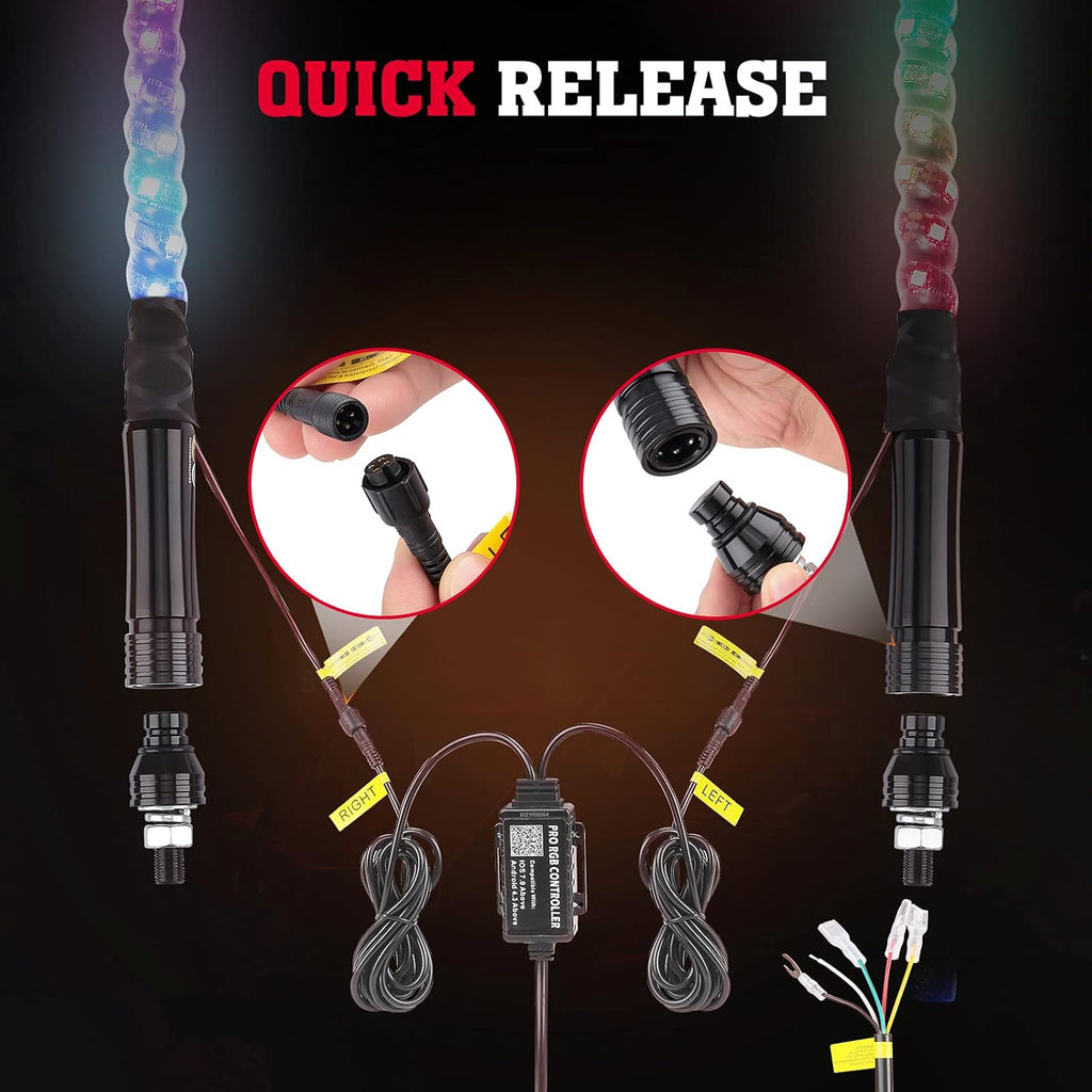 LED Whip Lights for UTV ATV Bluetooth, 366 Modes Spiral RGB, 2pcs 3ft a7
