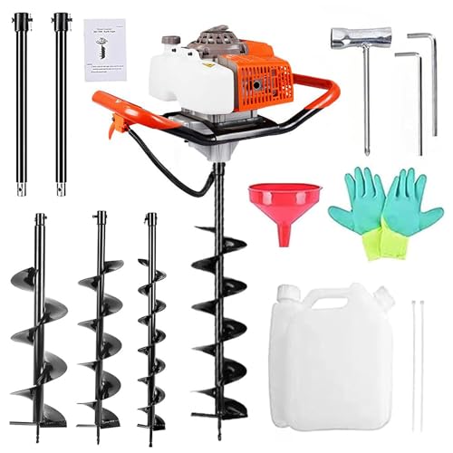 72cc Post Hole Digger, 2200W Post Hole Digger, Gas Powered Earth Auger Digger with Three Drill Bit 4" & 6" & 8" and Three Extension Rods 8" 12" 20" for Fence, Farmland, Garden and Plant