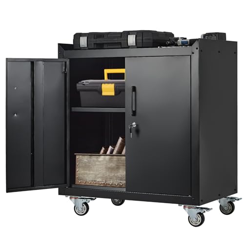 2 Door Tool Cabinets for Garage, Lockable Metal Storage Cabinet with Adjustable Shelves, Rolling Tool Chest, Garage Storage Cabinet with Wheels, 34" H * 30" L * 18" W, Assembly Required