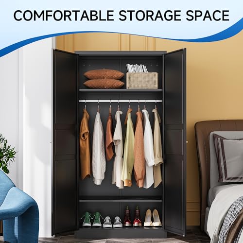 White Armoire Wardrobe Closet 71 inch Metal Storage Cabinets 2 Doors 2 Shelves k7