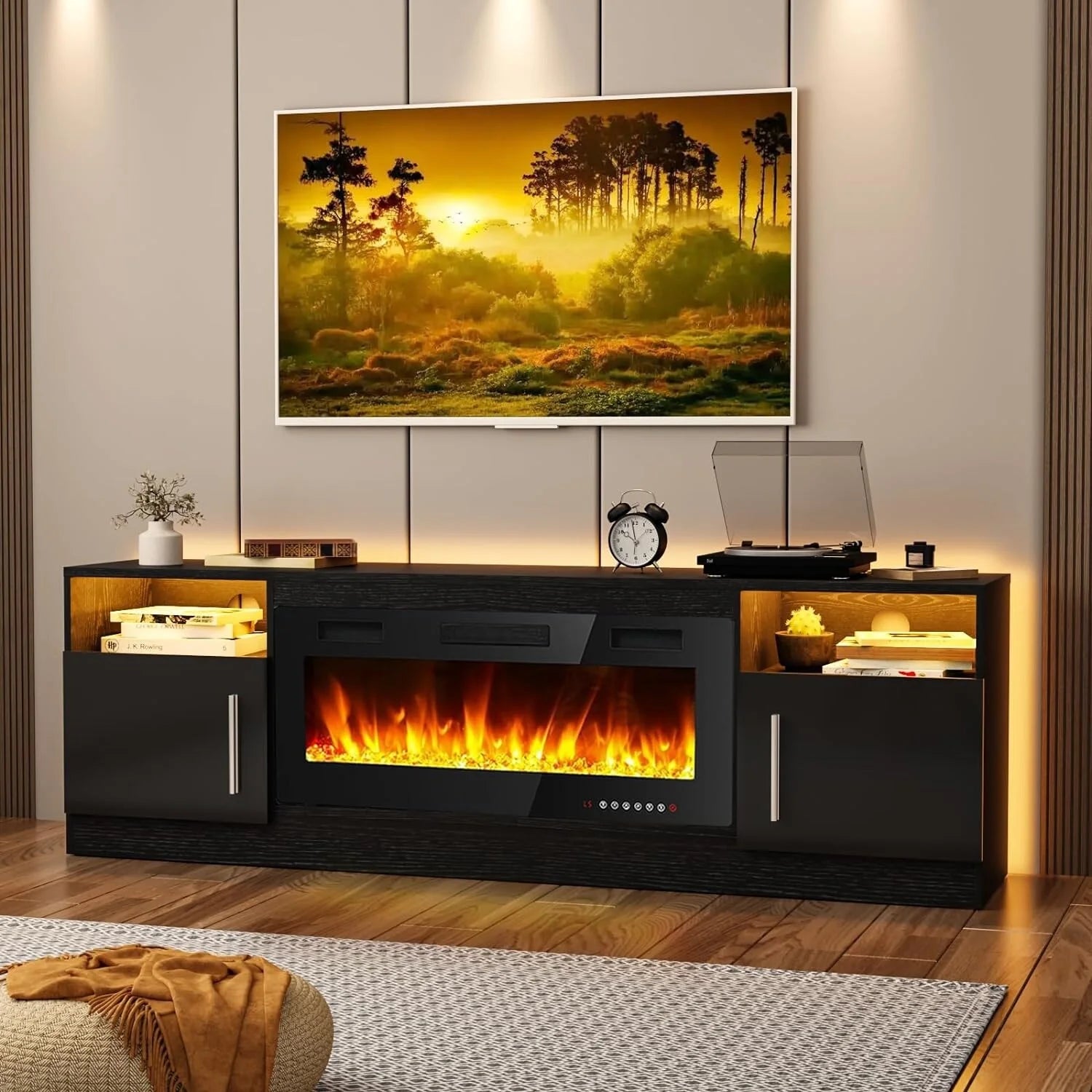 Bossin  70" Fireplace TV Stand with 36" Electric Fireplace, TV Stand for TVs Up to 80", 16 Colors LED Lights/Entertainment Center Black - Curated Treasures Market