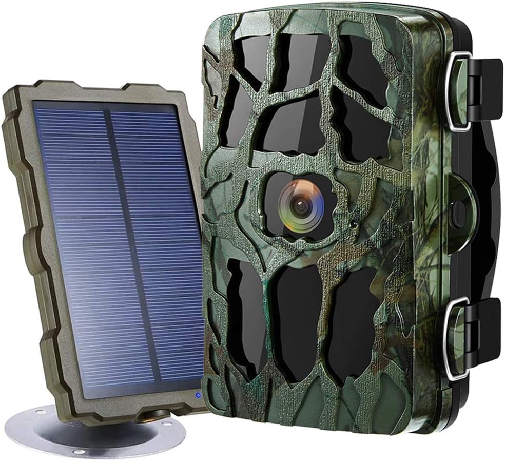 Trail Game Camera 4K 20MP 1080P Night Vision 98ft/30M 0.2s Motion Activated IP66 Waterproof 120° Wide Angle Lens 2.4" LCD Screen Hunting Scouting Cam with Portable Solar Panel and 32GB Card
