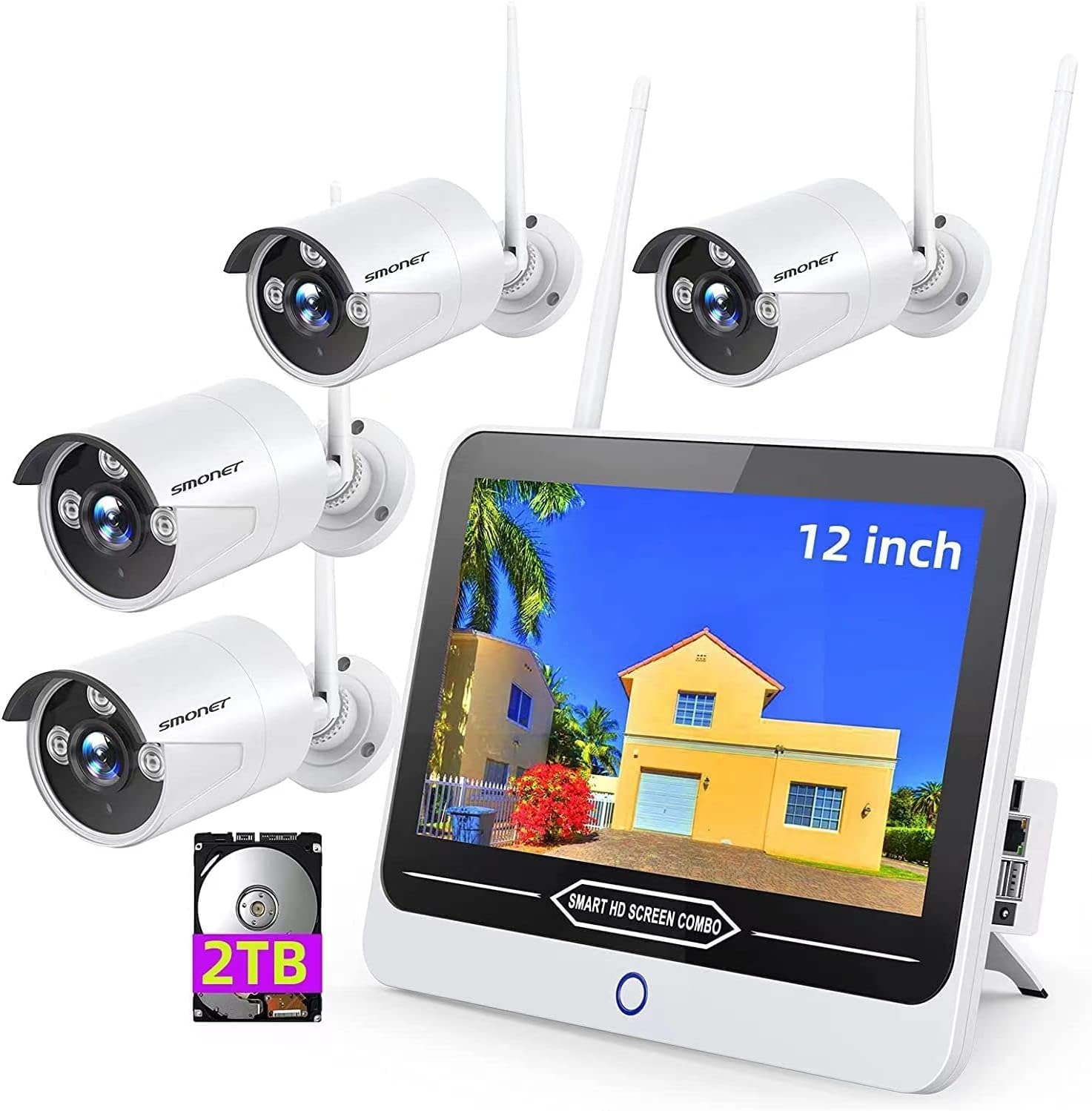 Wireless Security Camera System with 12” Monitor 2TB Hard Drive,Clearer Than 960P,SMONET 8 Channel Home CCTV Surveillance NVR Systems,4pcs 1080P Indoor Outdoor IP Cameras,Night Vision