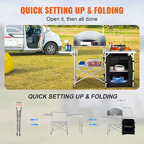 Camping Kitchen Table, Folding Outdoor Cooking Table with Storage Bag, Aluminum Cook Station, Quick Set-up for Picnics, BBQ, RV Traveling Brown k7