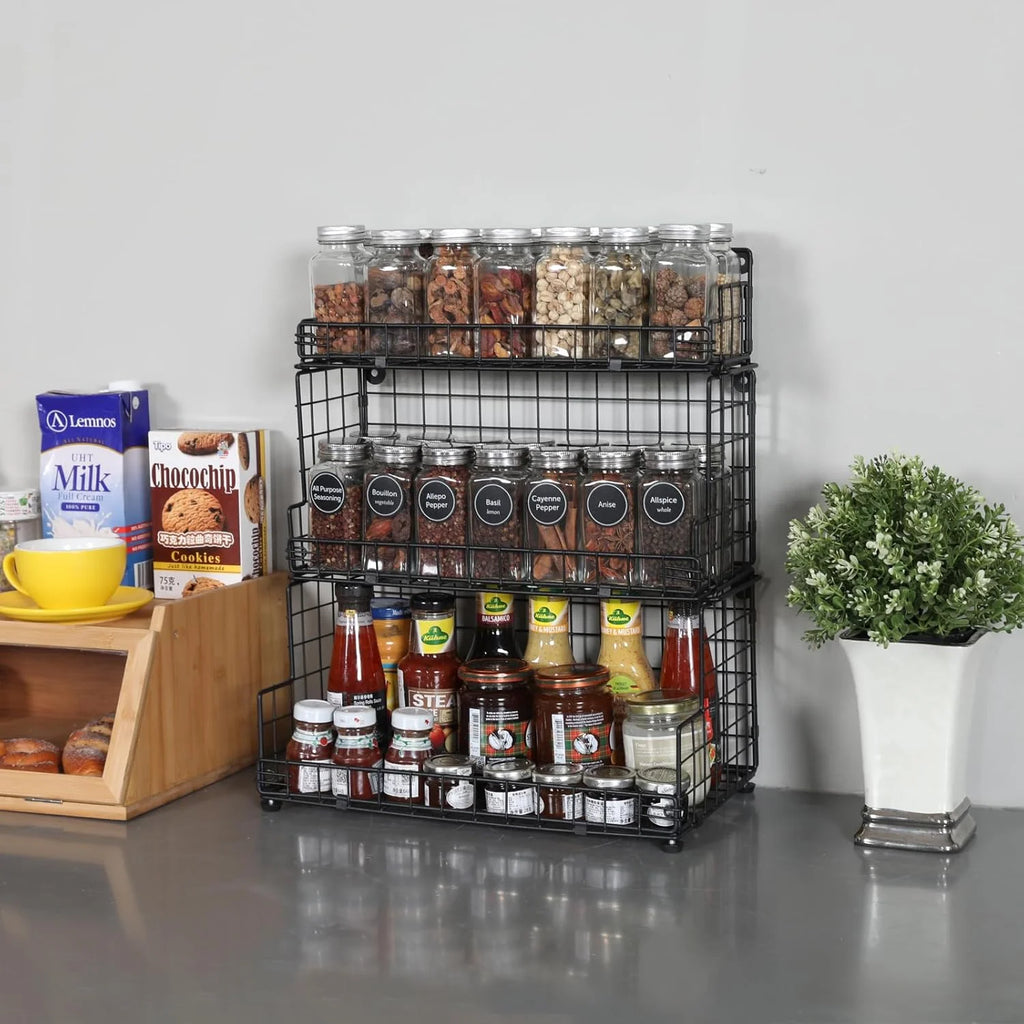 Tiered Snack Organizer with Wood Top, Metal Basket a7