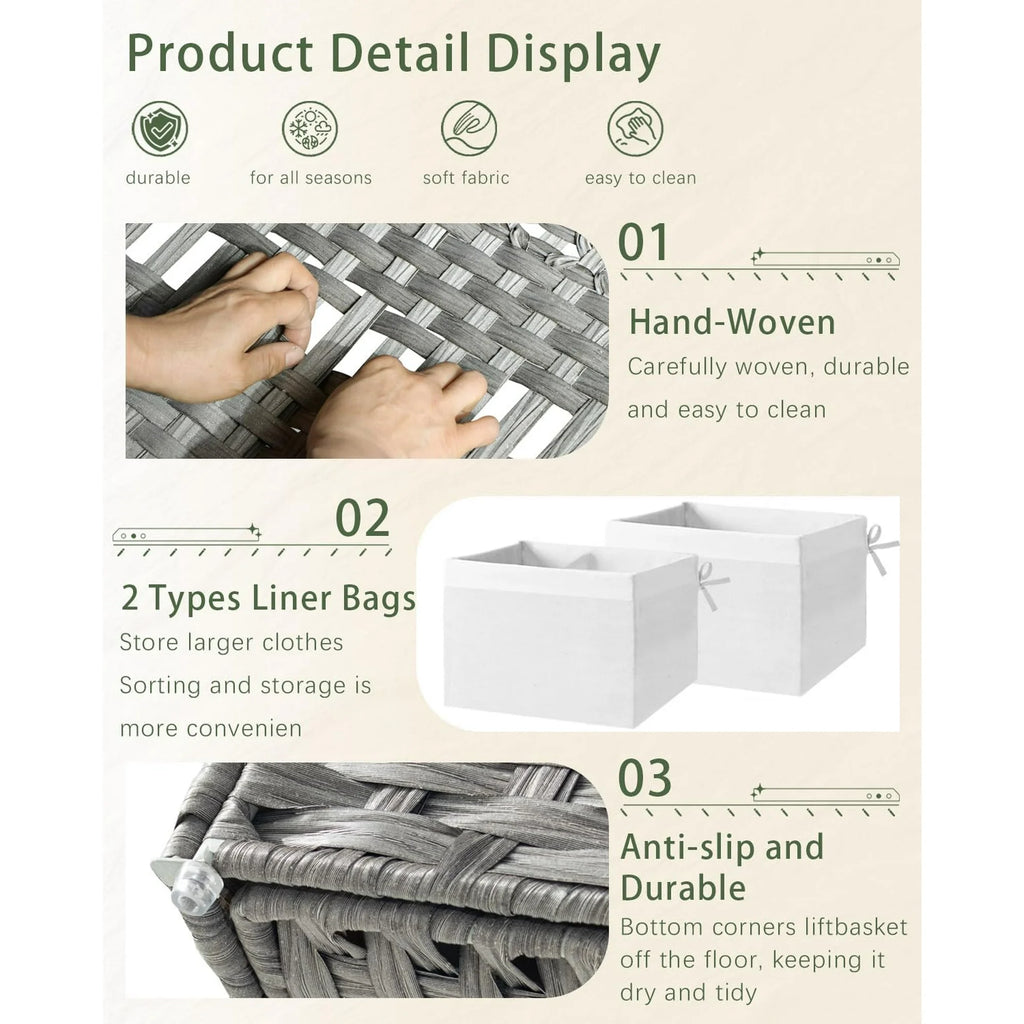 Woven Storage Basket with Lid, 65L Foldable, Gray a7