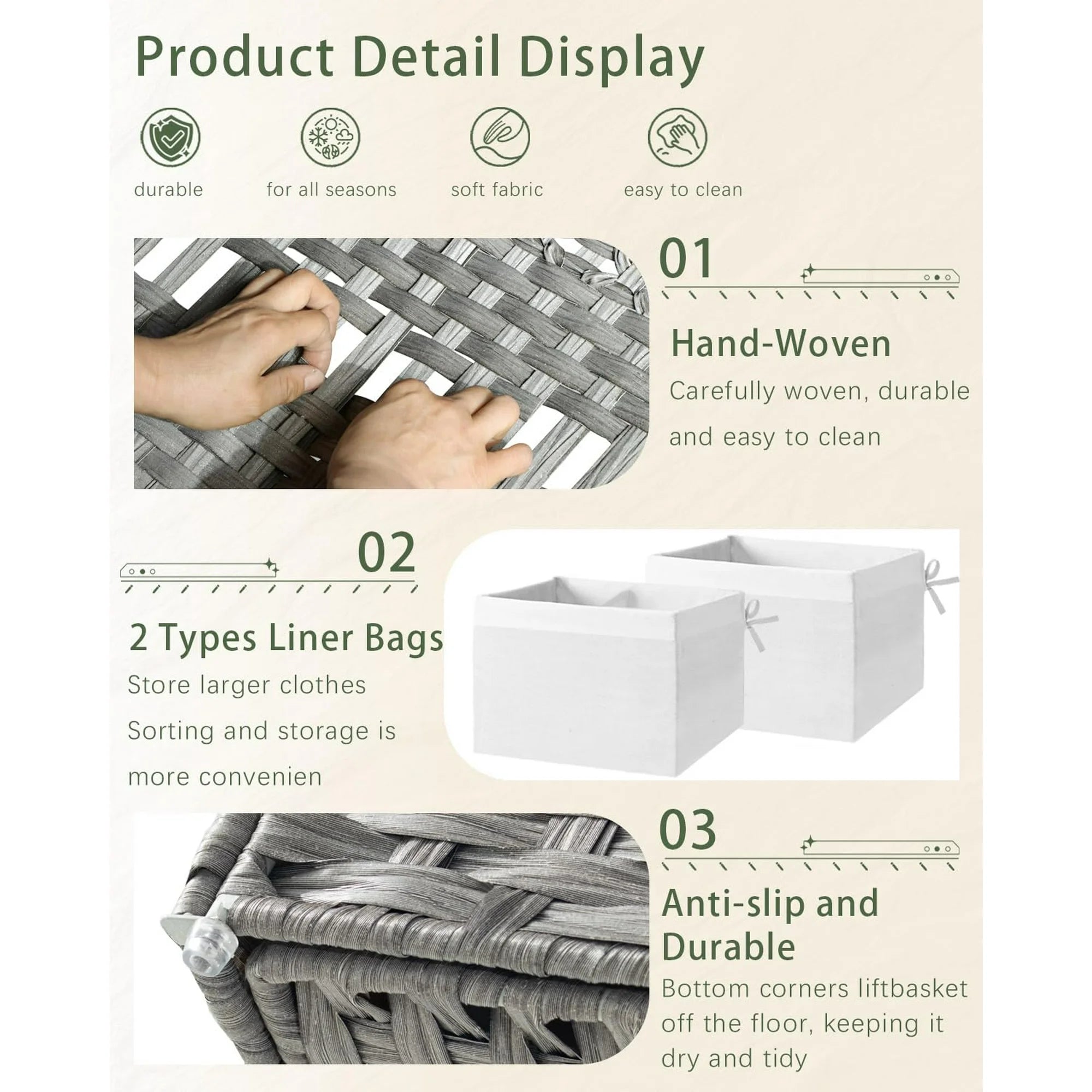 Woven Storage Basket with Lid, 65L Foldable, Gray a7