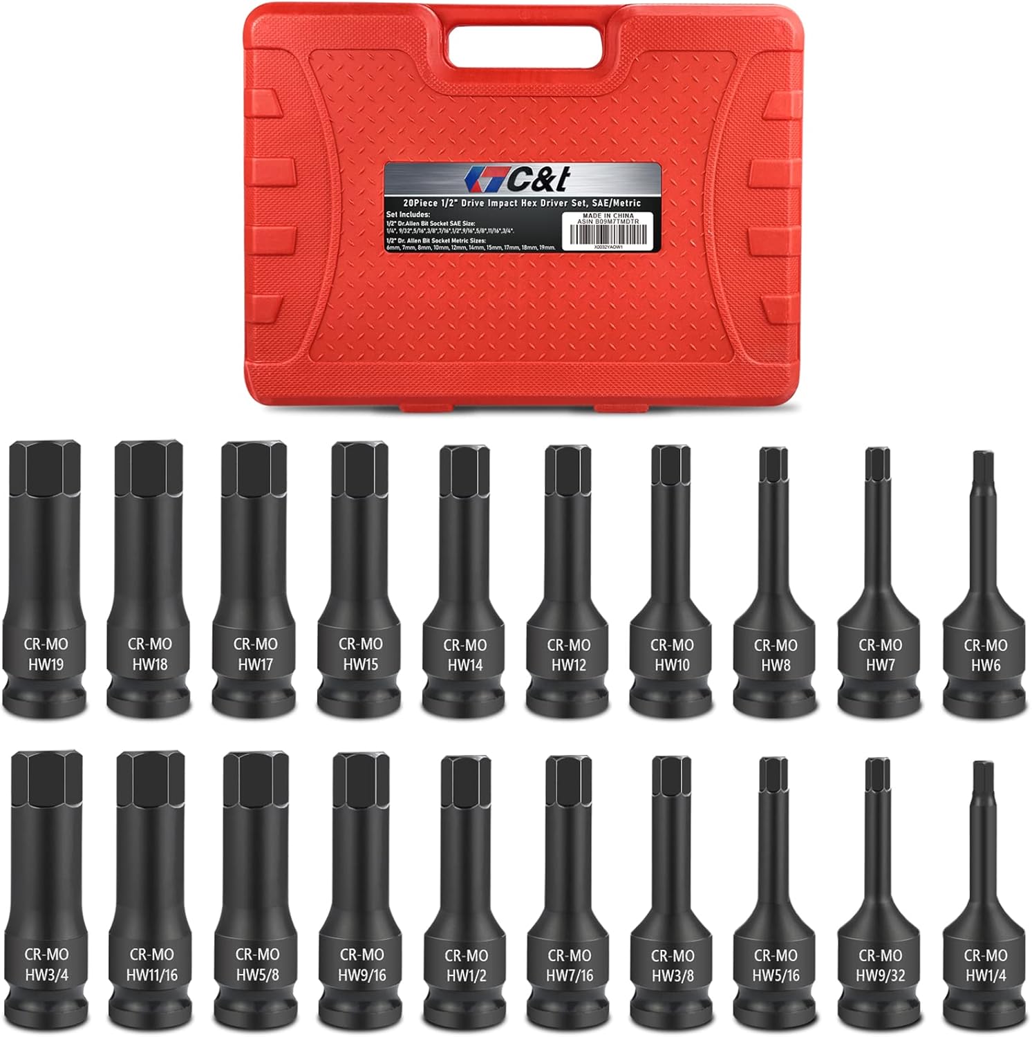 20 Piece Impact Hex Driver Set SAE Metric with Storage Case k7