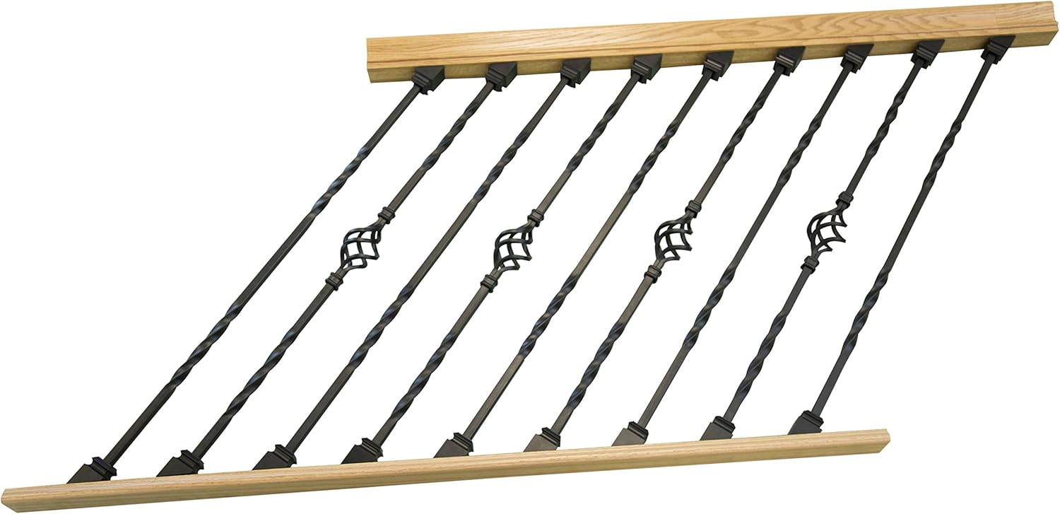 DIY Indoor Stair Rail Section Kit with Black Metal Balusters (Double Twist, Single Basket) (Rake 7' 6")
