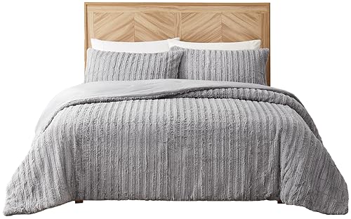 Plush Faux Fur Comforter Set with Pillow Shams, Full/Queen, Seal Grey k7