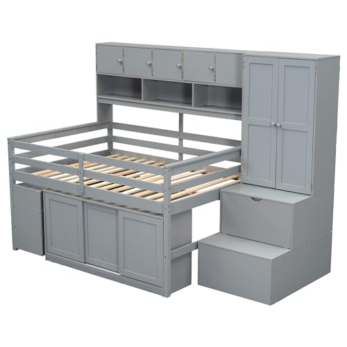 Solid Wood Twin Loft Bed with Storage Staircase and Desk 7k