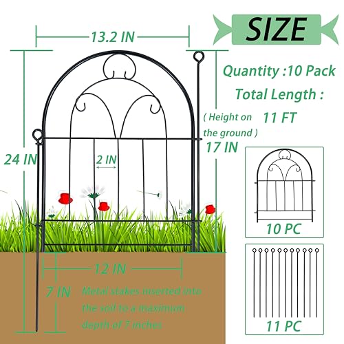 Decorative Garden Fence Border 10 Panels, Rustproof Metal No Dig, Black a7