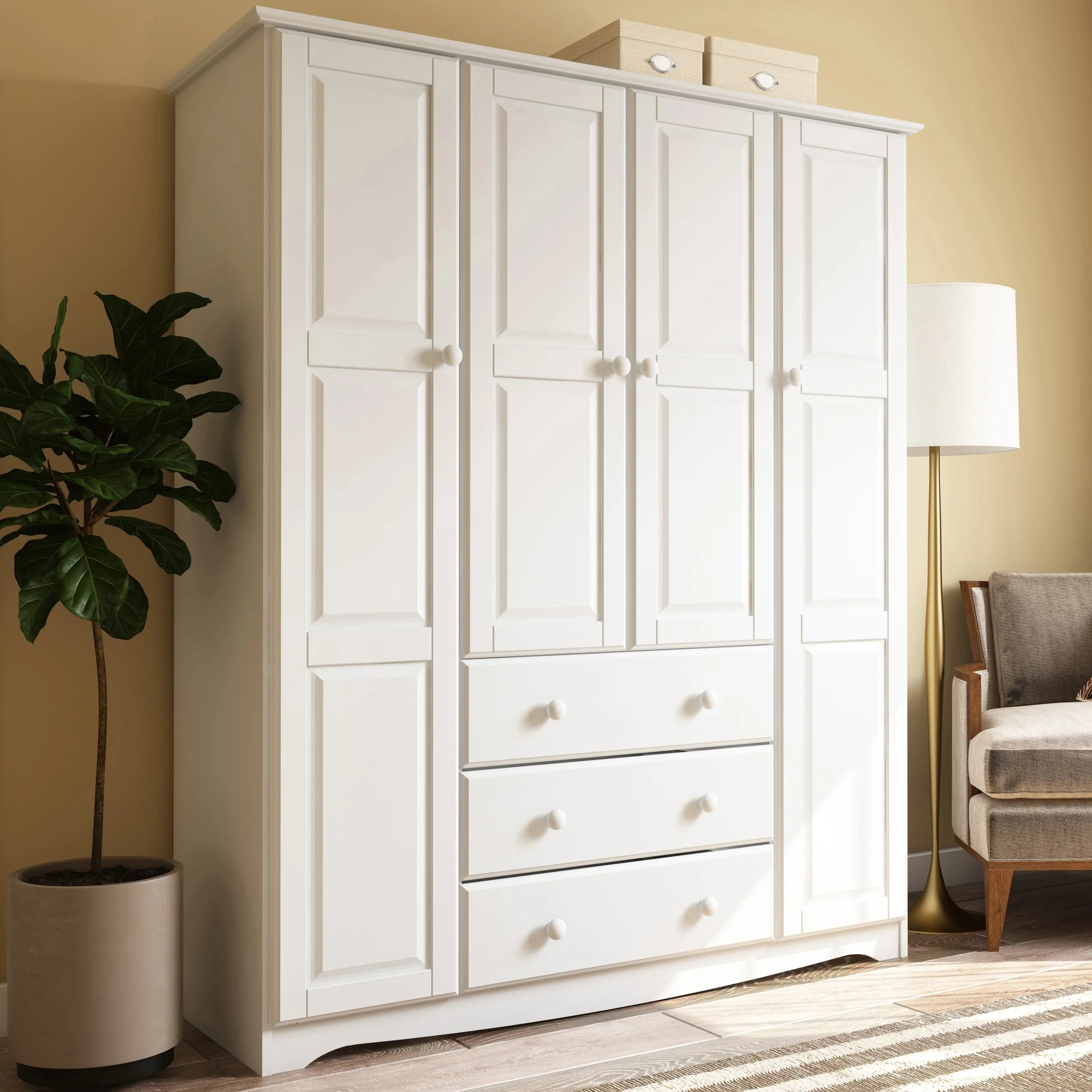 Solid Wood 4-Door Wardrobe Armoire White Metal Knobs k7