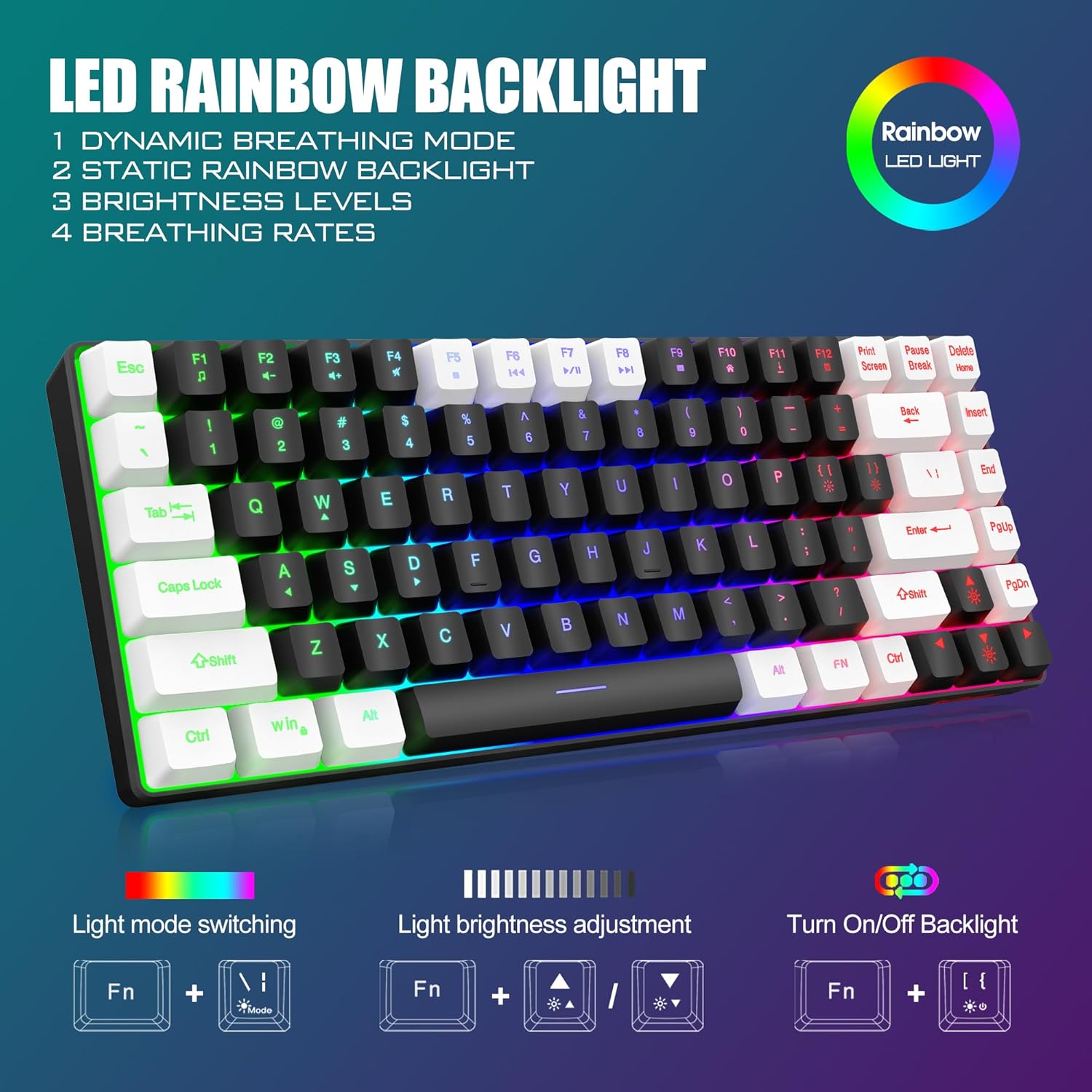 Wireless Keyboard Mouse Combo, Rainbow Backlit Rechargeable, TKL Ultra Compact Gaming Set a7