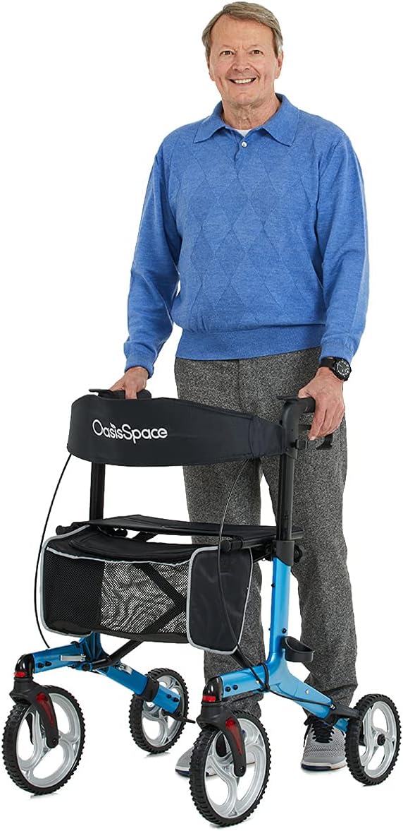 OasisSpace Aluminum Rollator Walker with Seat, with 10'' Wheels and Seat Compact Folding Design Lightweight Baking Complimentary Carry Bag
