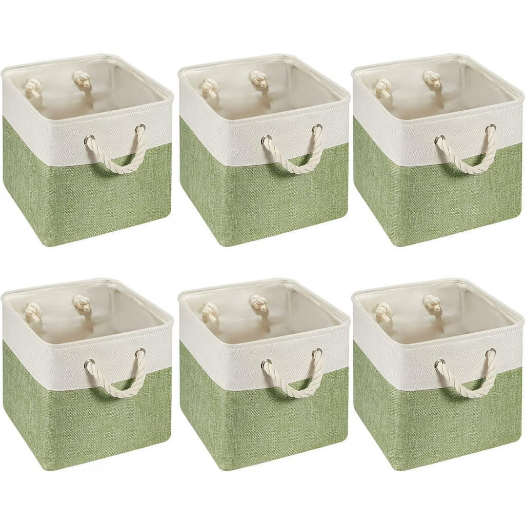 6 Pcs 11 x 11 Inch Cube Storage Bins Fabric Cube Storage Organizer Bins Foldable Storage Cube Baskets with Sturdy Carry Handles Multipurpose Storage Cube for Home (Green, White)