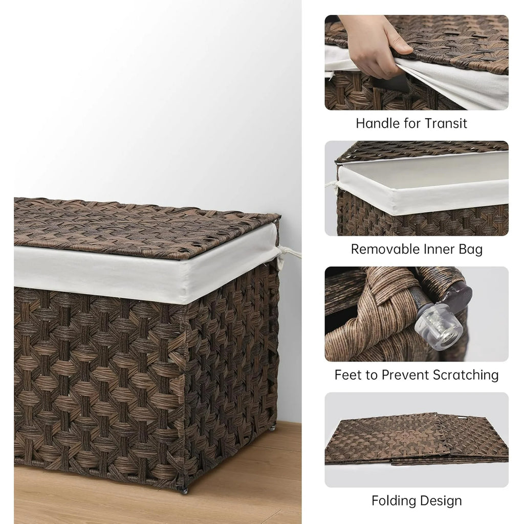 Wicker Storage Basket with Lid, 105L, Foldable, Brown K7m