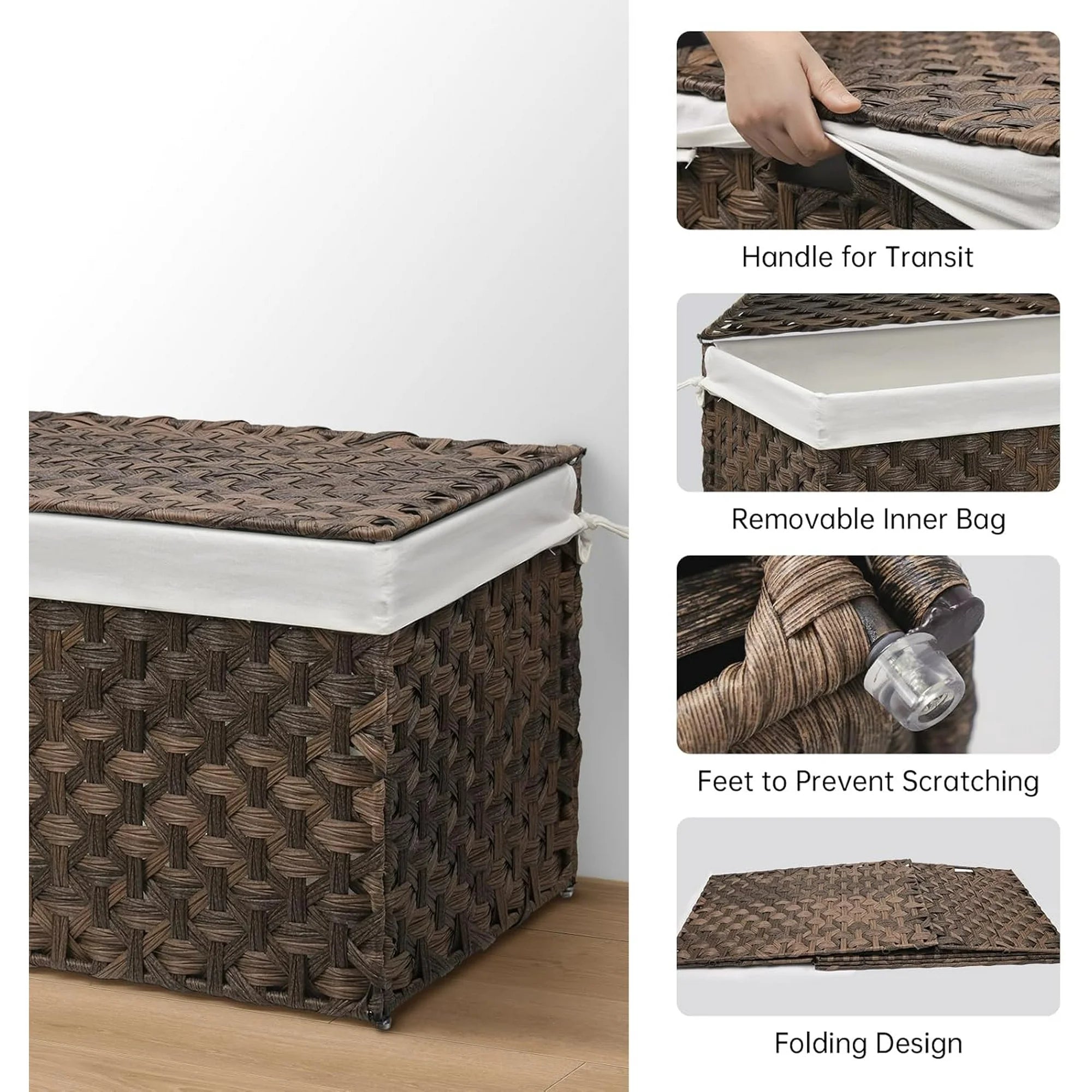 Wicker Storage Basket with Lid, 105L, Foldable, Brown K7m