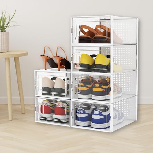 Crystal Clear Container - 6 Pack Shoe Boxes Clear Plastic Stackable, Clear Shoe Boxes - Shoe Bins for Sneakerheads - Sneaker Storage, 13.8"x9.8"x7.6" Shoe Display Case Organizer
