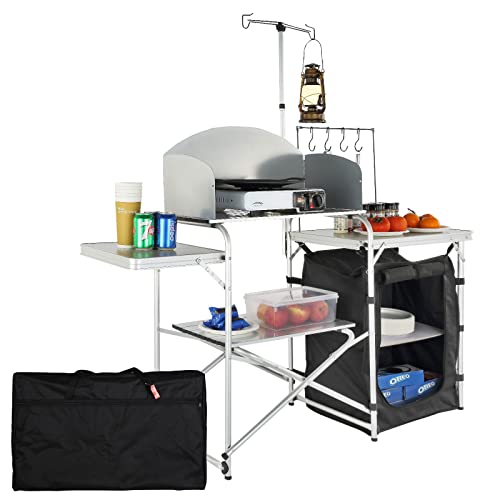 VEVOR Camping Kitchen Table, Folding Outdoor Cooking Table with Storage Carrying Bag, Aluminum Cook Station 1 Cupboard & Detachable Windscreen, Quick Set-up for Picnics, BBQ, RV Traveling, Brown