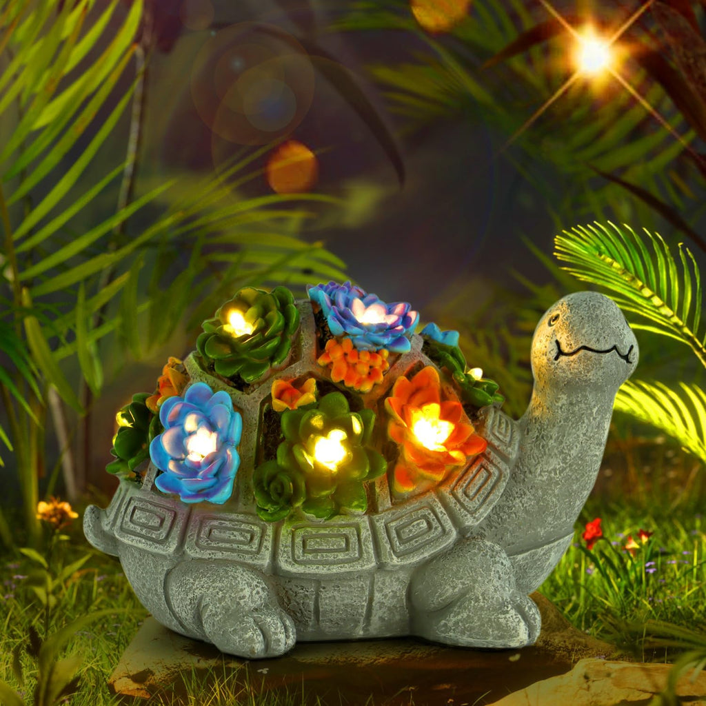 Solar Light Garden Outdoor Statues Turtle with Succulent and 7 LED Colour Lights - Lawn Decor Tortoise Statue for Patio, Balcony, Yard Ornament, Housewarming Gifts