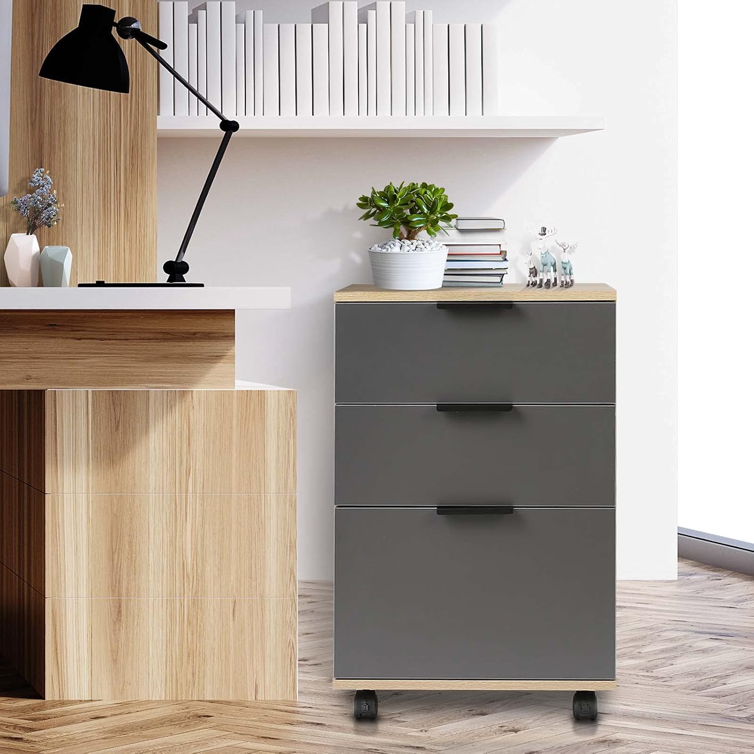 3 Drawer Rolling Wood File Cabinet with Wheels, Oak a7