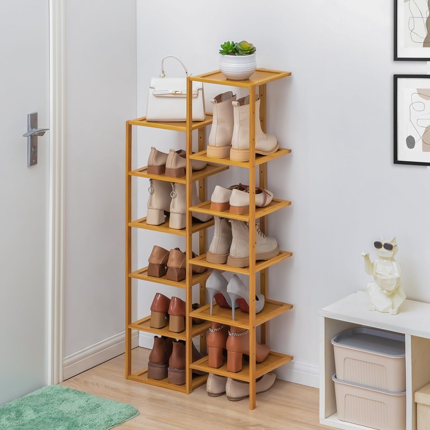 Bamboo 12-Tier Double Row Shoe Rack Cabinet Storage a7