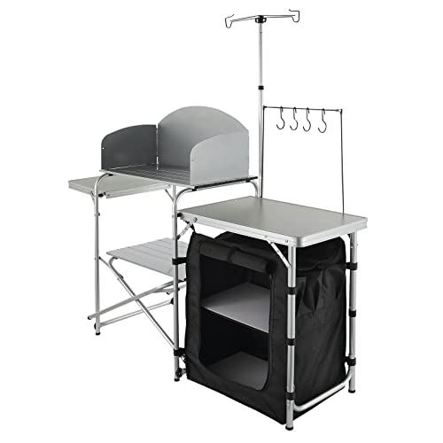 Camping Kitchen Table, Folding Outdoor Cooking Table with Storage Bag, Aluminum Cook Station, Quick Set-up for Picnics, BBQ, RV Traveling Brown k7