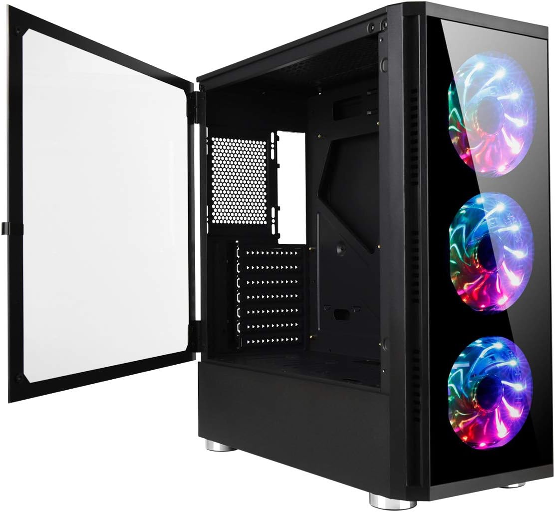 Computer Case with 3 RGB Fans Mid Tower Gaming PC Case Tempered Glass Side Panel A7