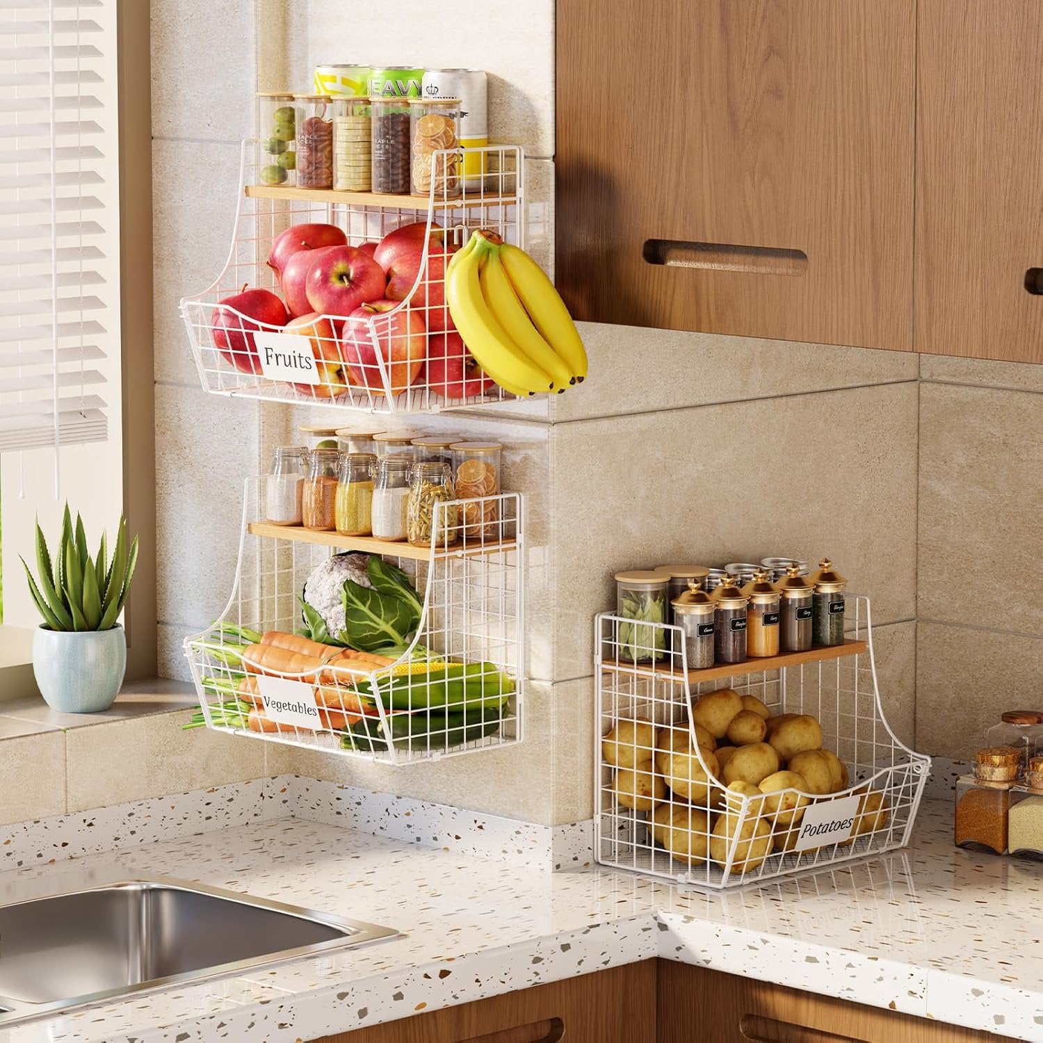 Hanging Kitchen Baskets 3 Pack with Wood Lid A7