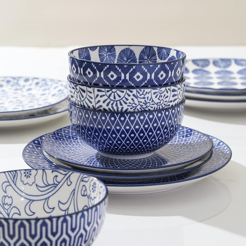 Ceramic Dinnerware Set 12 Piece with Saucers, Vintage Blue k7
