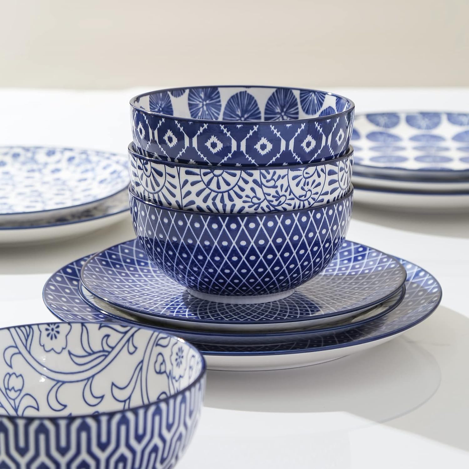 Ceramic Dinnerware Set 12 Piece with Saucers, Vintage Blue k7