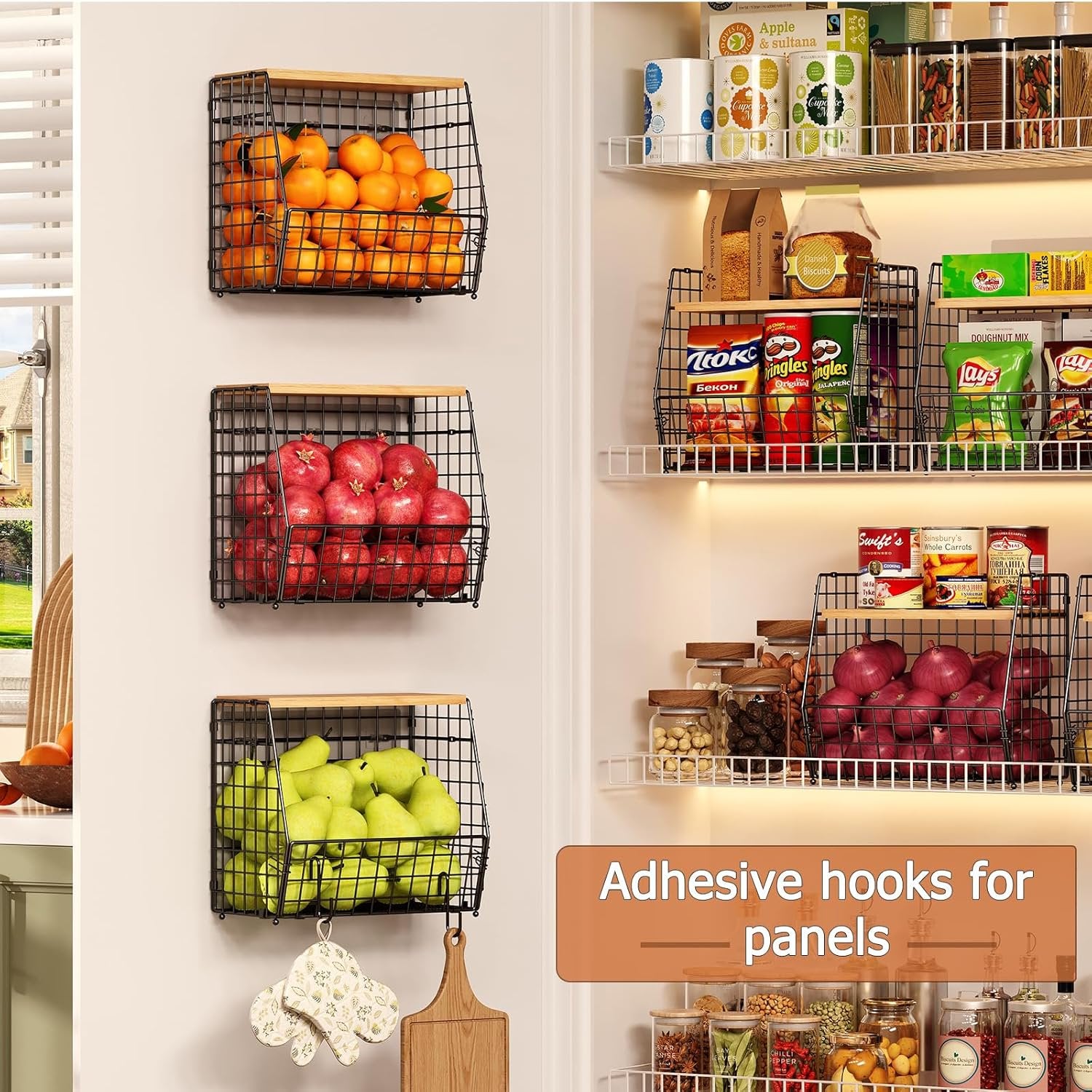 Hanging Kitchen Baskets 3 Pack with Wood Lid A7