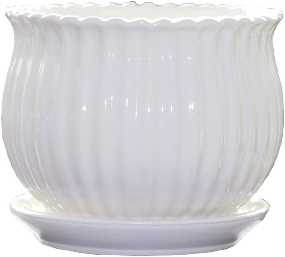 Ceramic Flower Plant Pots with Saucer, Set of 3, White Stripe Texture g7
