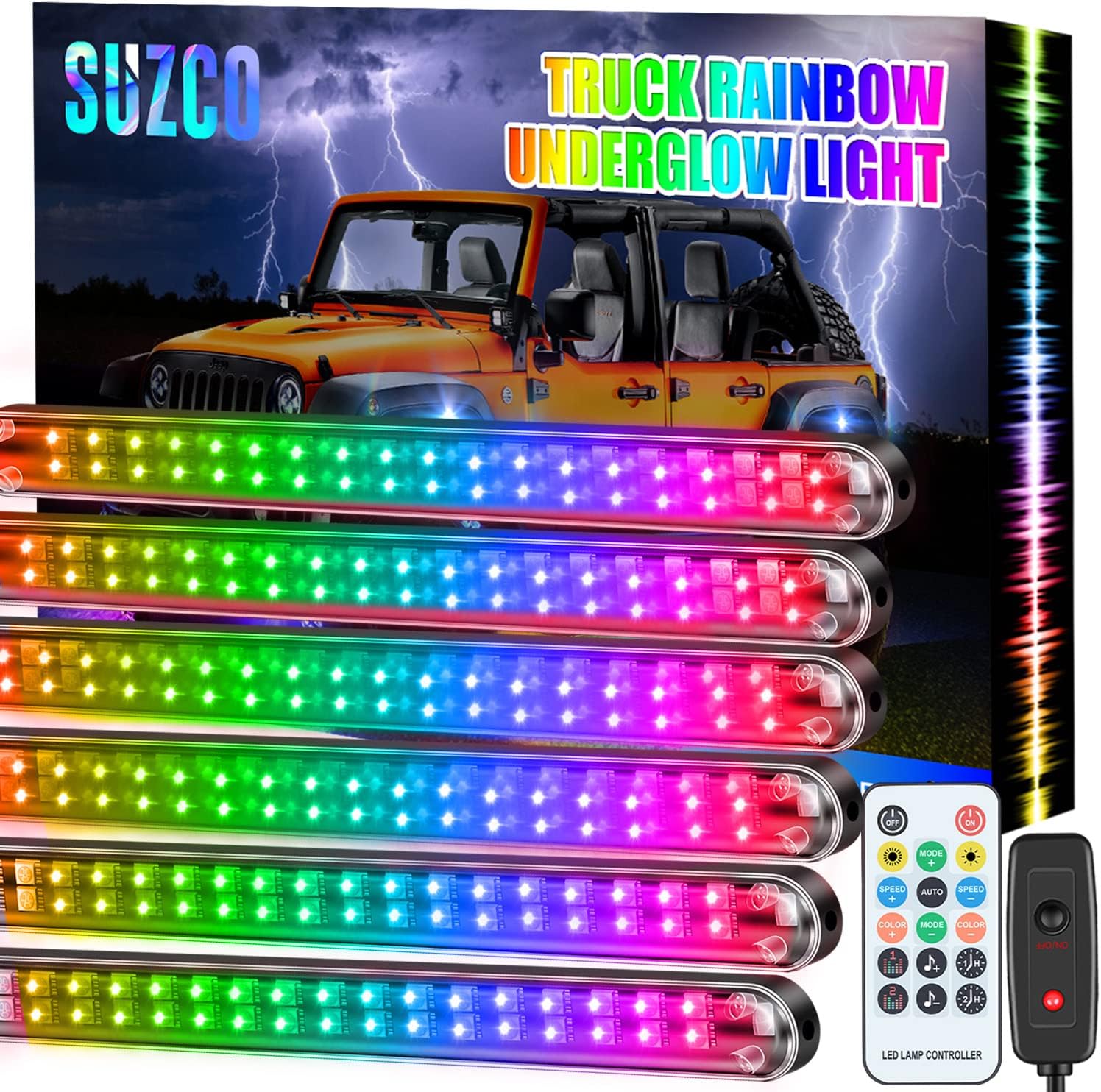 SUZCO 3-Pin 6PCS Car Double-Row Dreamcolor Underglow Lights, Upgraded 216-LEDs Random Neon Underbody LED Strips Kit with APP, Rainbow Chasing Exterior Light IP68 12V for Truck Jeep ATV UTV Offroad Pack of 2