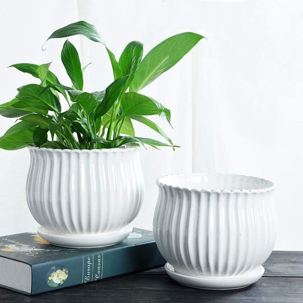 Ceramic Flower Plant Pots with Saucer, Set of 3, White Stripe Texture g7