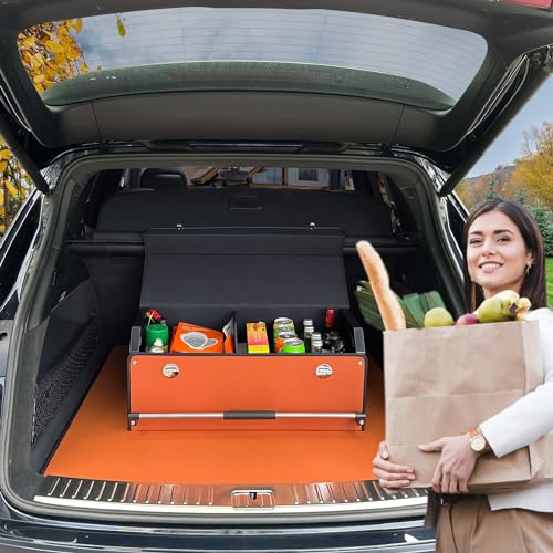 Car Organizer Trunk, Collapsible Leather with Lid, Auto Cargo Storage a7