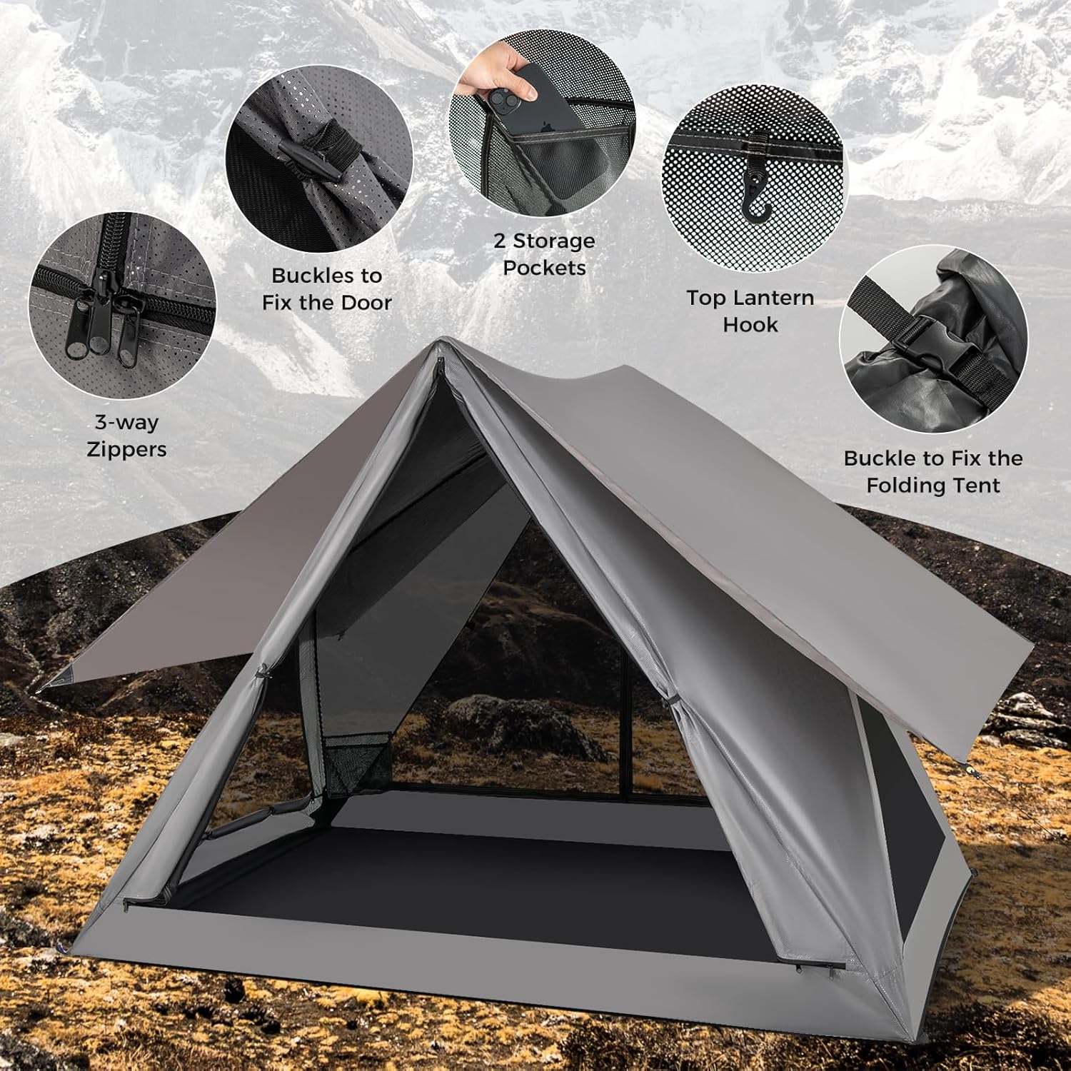 Pop Up Camping Tent for 2-3 Person, See-Through with Rainfly A7